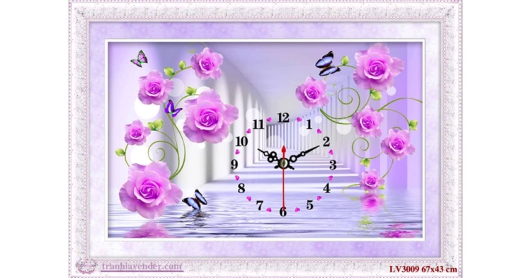 Tranh thêu chữ thập Lavender LV3009 Đồng hồ hoa hồng màu tím 67x43