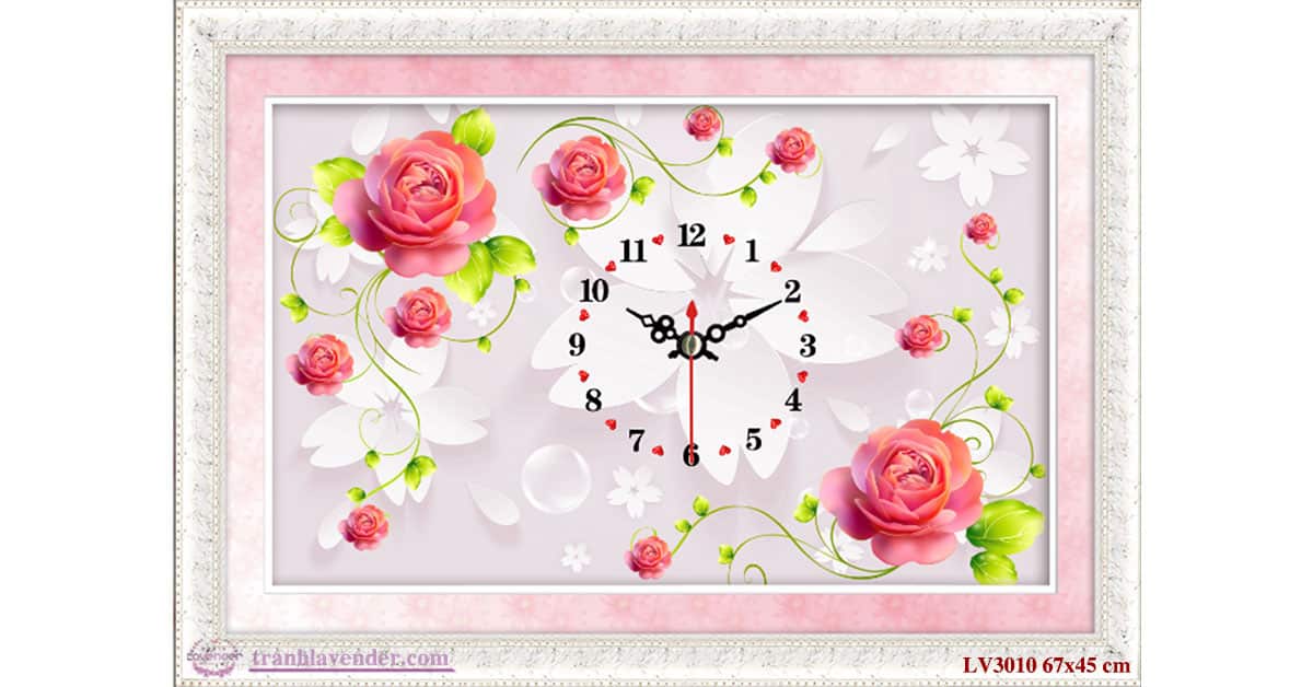 Tranh thêu chữ thập Lavender LV3010 Đồng hồ hoa hồng màu hồng 67x45
