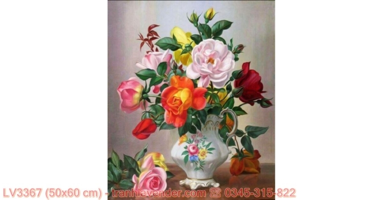 [T-LV3367] Tranh Bình hoa hồng thêu chữ thập kích cỡ nhỏ 50x60 cm