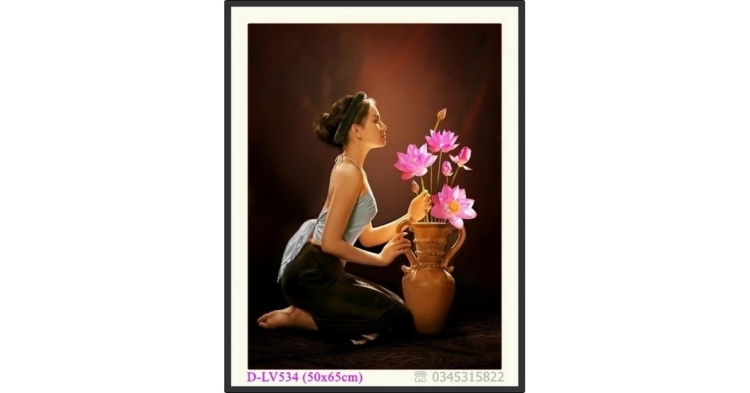 Tranh đính đá thiếu nữ đẹp bên hoa Sen - D-LV534 ❤️