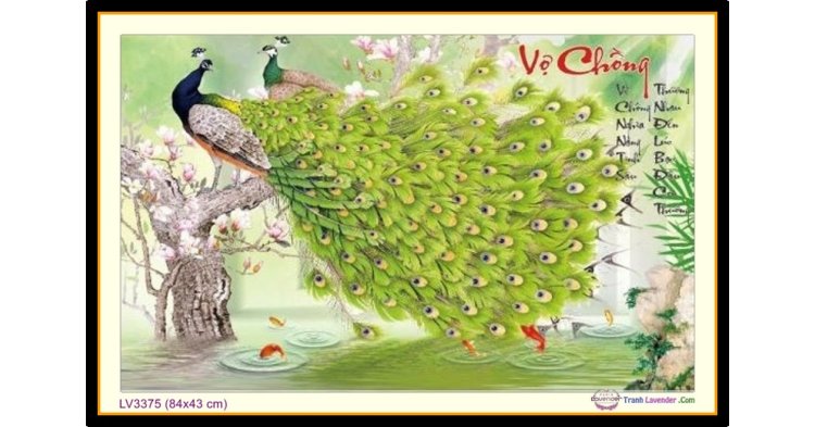 [T-LV3375] Tranh thêu chữ thập chim công Chồng Vợ khổ nhỏ (84x43 cm)