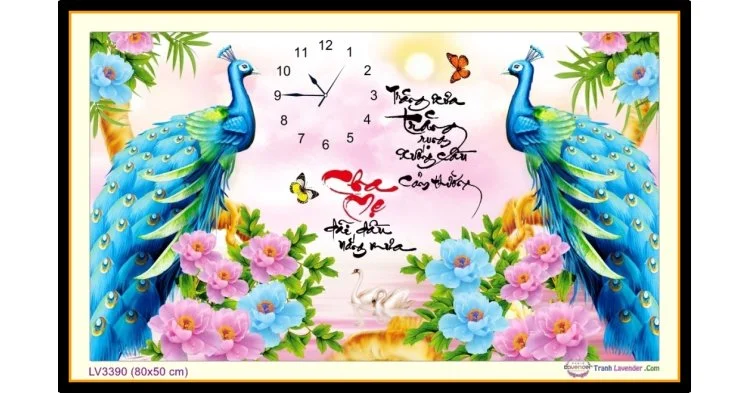 [T-LV3390] Tranh thêu chữ thập đồng hồ chim công - thư pháp chữ Cha Mẹ khổ nhỏ (80x50 cm)