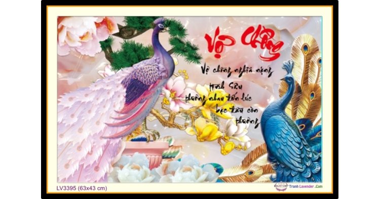 [T-LV3395] Tranh thêu chữ thập thư pháp Vợ Chồng chim Công khổ nhỏ (63x43 cm)