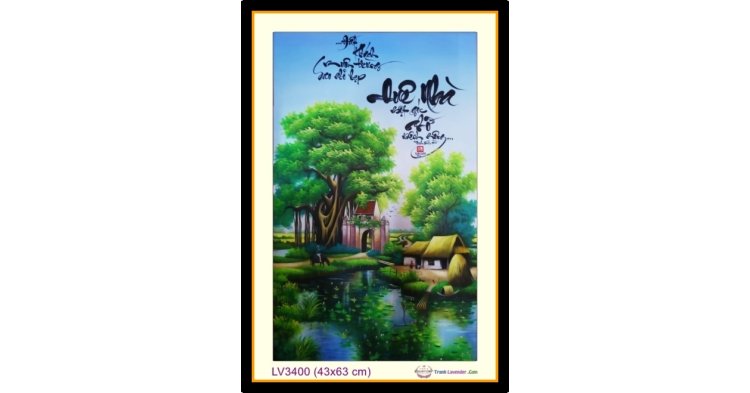 [T-LV3400] Tranh thêu chữ thập phong cảnh làng quê - thư pháp Gia Đình Hạnh Phúc khổ nhỏ (43x63 cm)