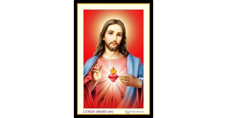 [T-LV3424] Tranh thêu chữ thập Thánh tâm Chúa Giê-su (Jesus) khổ nhỏ (40x60 cm)