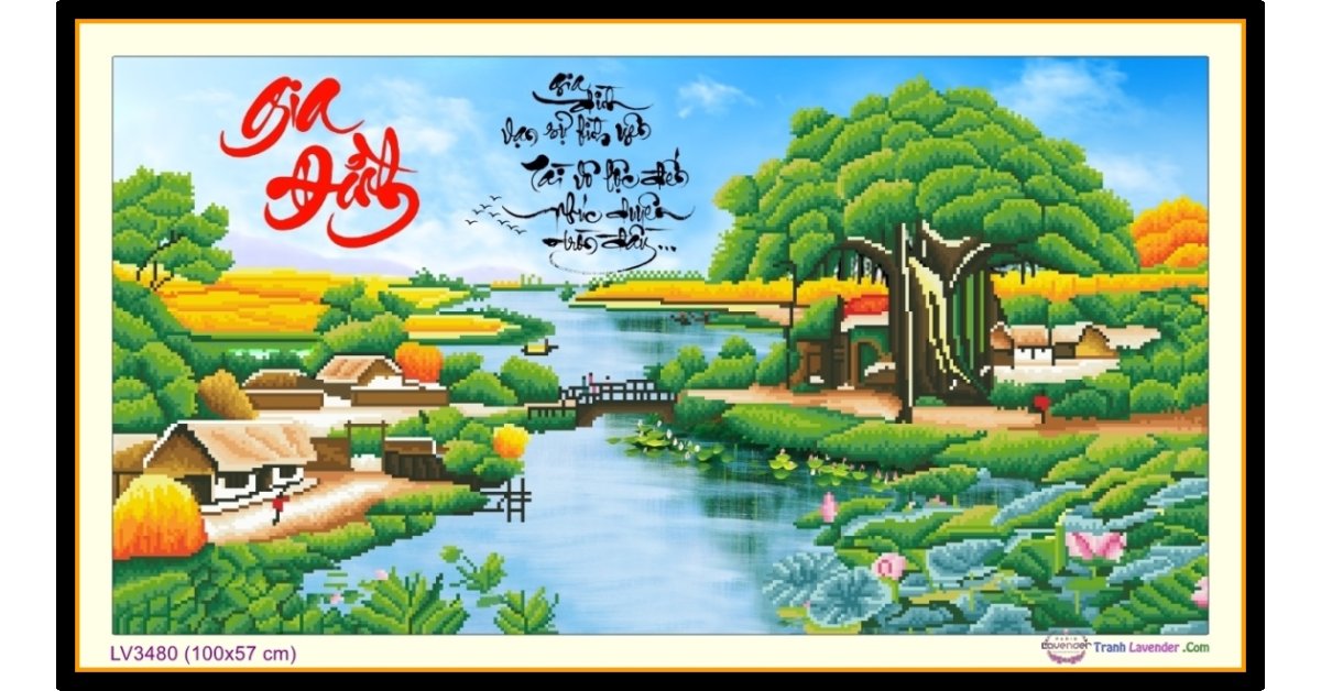 Tranh thêu chữ thập phong cảnh làng ven sông - thư pháp Gia Đình 3D khổ  trung bình (100x57 cm) 💛T-LV3480