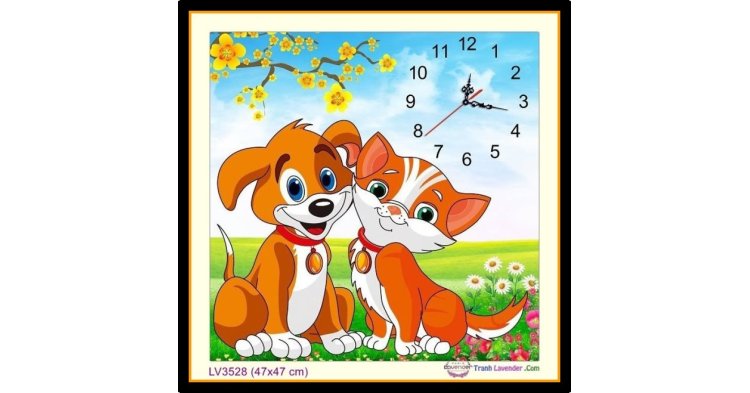 [T-LV3528] Tranh thêu chữ thập đồng hồ chó mèo khổ nhỏ (47x47 cm)